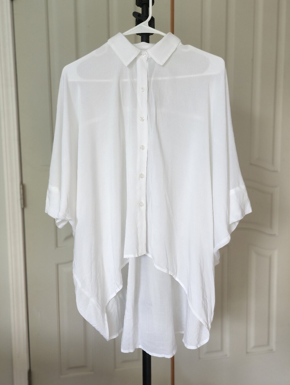 Floaty Sheer Ethereal White Rayon Button-Up Long Shirt S